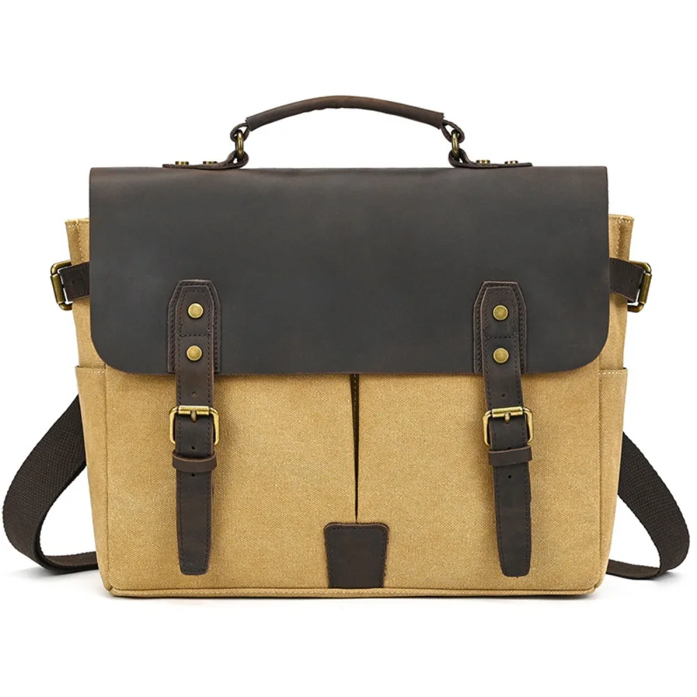 Men's Retro Canvas with Leather Handbag Leather Briefcase Versatile Simple Going Computer High Fashion Crossbody Shoulder Bag