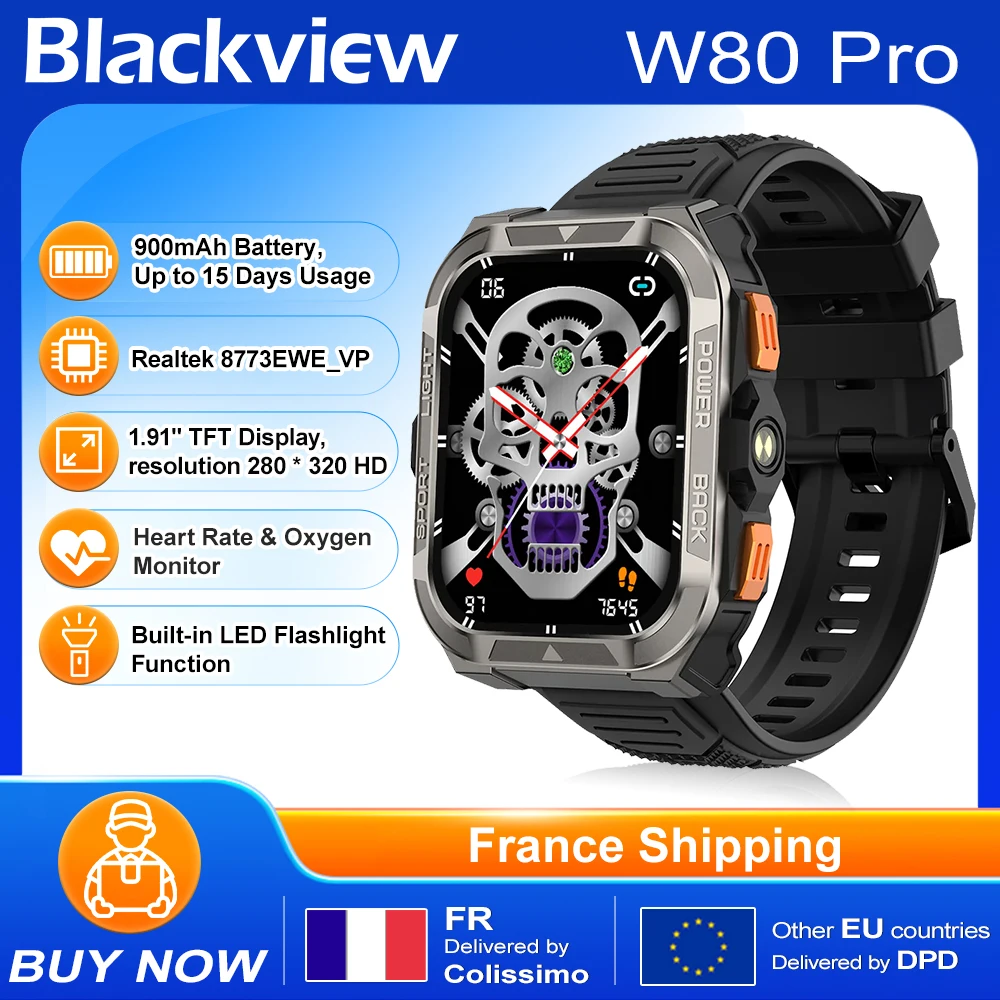 Montre connectée robuste Blackview W80 PRO, écran TFT haute définition 1,91 pouces basse consommation, GPS, boussole, appels Bluetooth, lampe torche externe