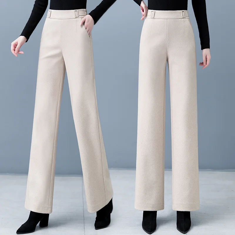 

Узкие шерстяные широкие брюки для женщин, новые свободные повседневные прямые брюки с высокой талией на весну и осень, универсальные большие размеры