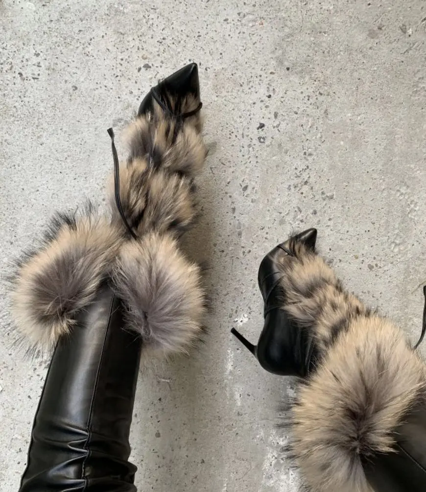 Women‘s black/White Real fur leather sexy boots pointy toe long hair lace up winter warm high quality calf boot big size shoes - view 4