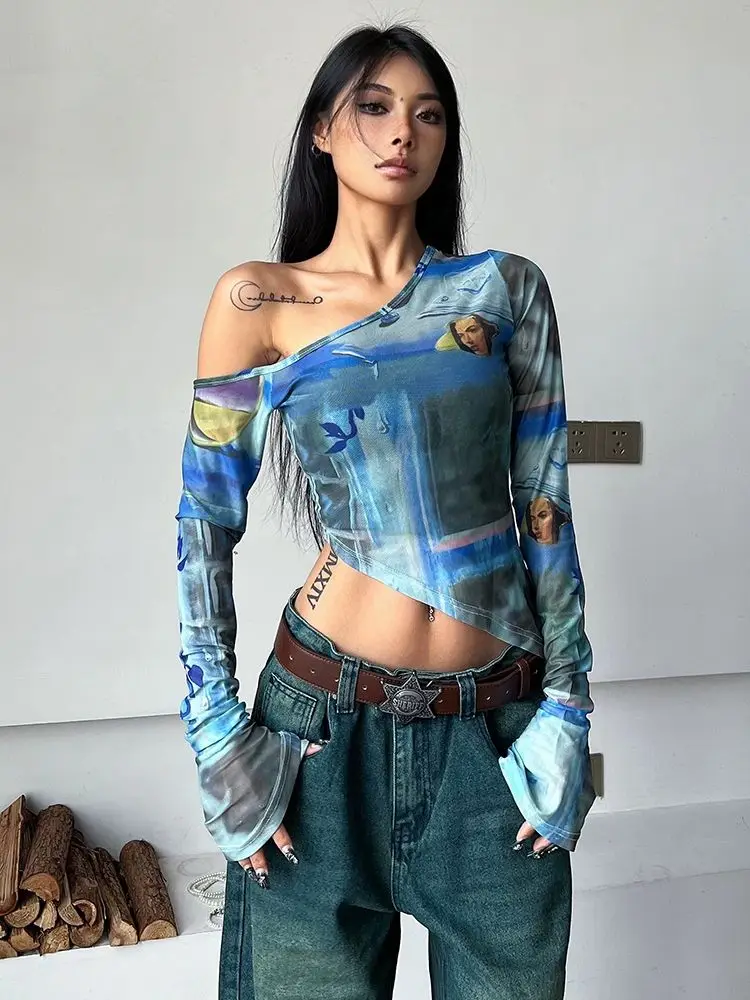 Spring Sexy Tie-Dye Mesh Asymmetrical Top for Women Slim-Fit Vintage Y2K Off-Shoulder Jazz Style Long Sleeve with Edgy Irregular