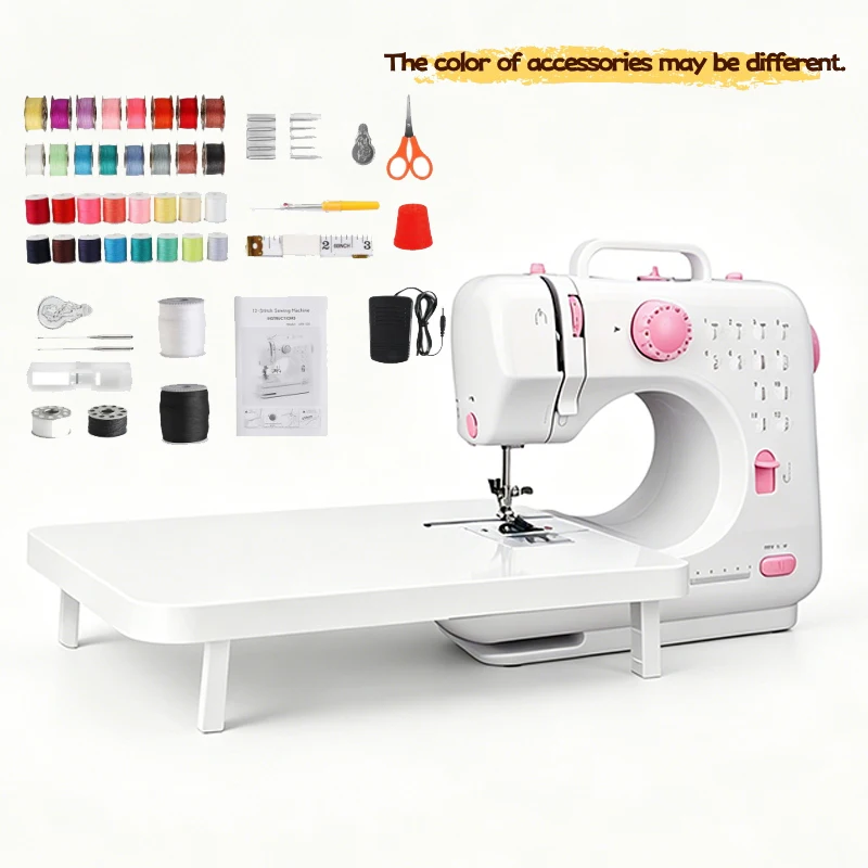 Pink home electric sewing machine suitable for beginners, with 12 stitch patterns, anextension table, and a set of advanced