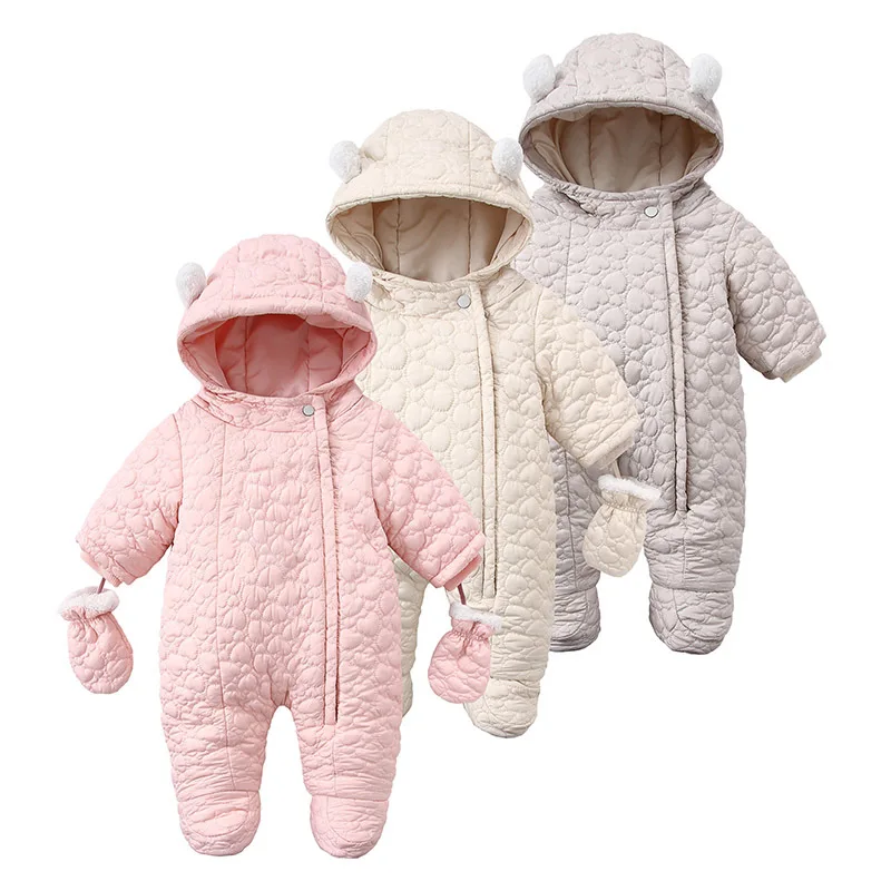 2024 Winter Baby Girl Jumpsuit Plus Velvet Warm Hooded Newborn Girls Snowsuit Infant Boys Outerwear Coat Toddler Girls Romper