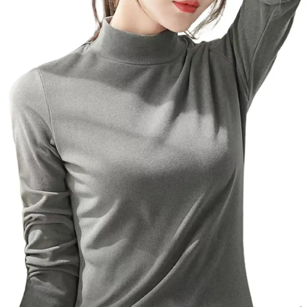 Top Half high Collar Neck Long Sleeve Solid Color Thick Warm Pullover Slim Fit Windproof Lady Bottoming Blouse