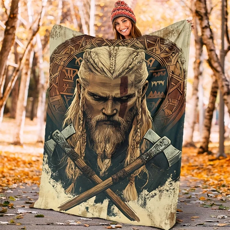 Retro Nordic Viking Warrior Double Axe Ancient Runes Totem Pattern Flannel Fleece Blanket Warm Plush Bed Throw for Living Room