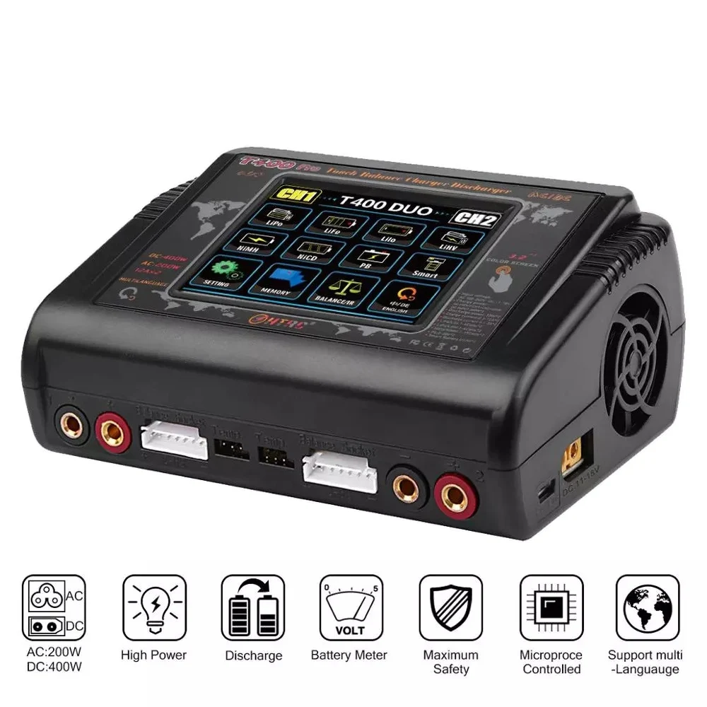 NYHTRC T400 Pro Lipo Battery Charger DC 400W AC 200W 12Ax2 RC Charger Discharger For LiHV LiFe Li-lon NiCd NiMh Pb LiPo Batteri