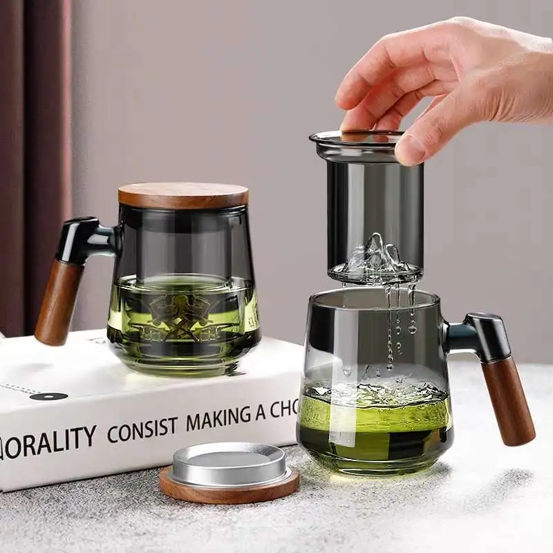 Glass Mug with Tea Strainer and Lid Tea Filter Wood Handle Mini Teapot Vintage Flower Tea Japanese Coffee Cup Gift for Men