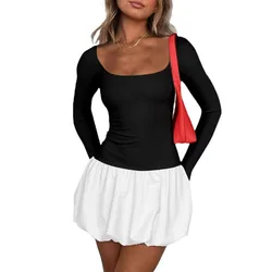 Contrast Color Splice Fashion High Waist Party Club Dress Female Elegant Long Sleeve Slim Folds Mini Dress For Women