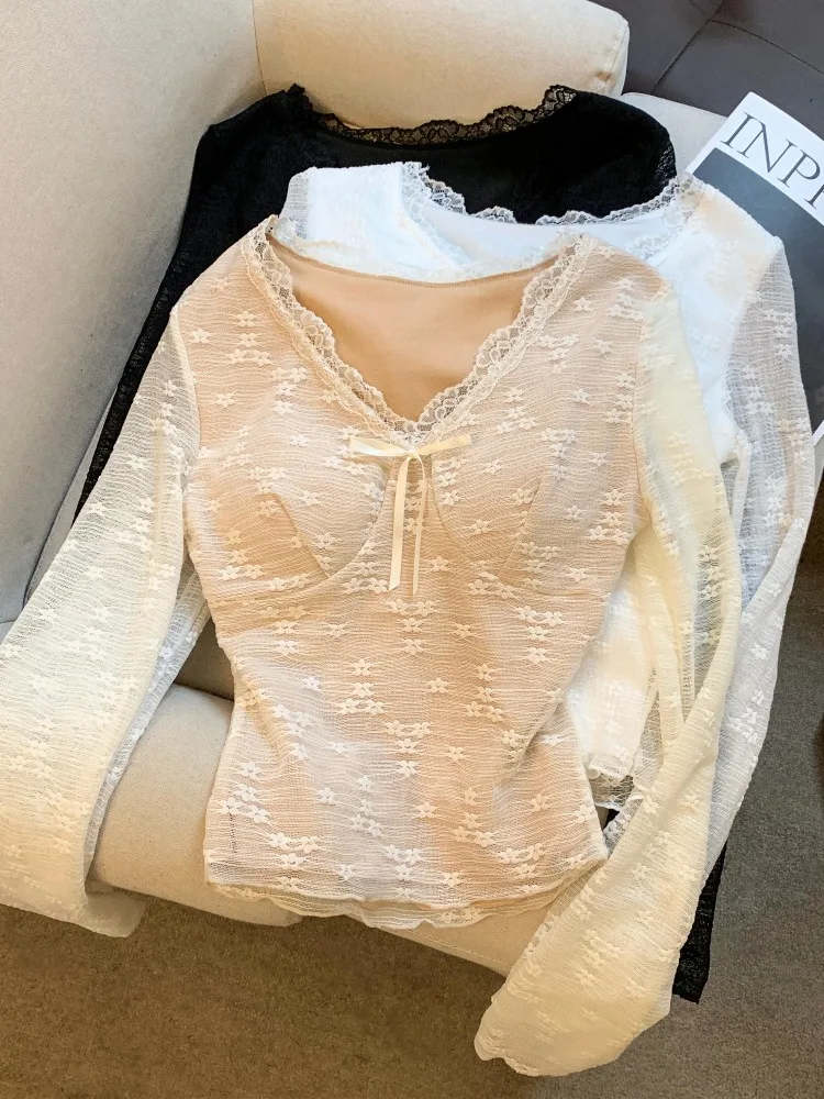 

Pure Desire Sexy Lace Splice V-neck Long Sleeve T-shirt Women's Autumn Winter Knot Belt Slim Inner Wear Base Top