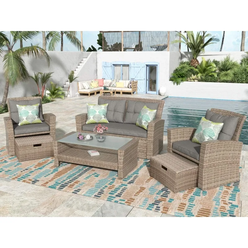 Rattan Terrassen möbel Set, Allwetter Outdoor Schnitts ofa Loves eat mit Fuß schemel, Kissen und Glas tisch mit Regal