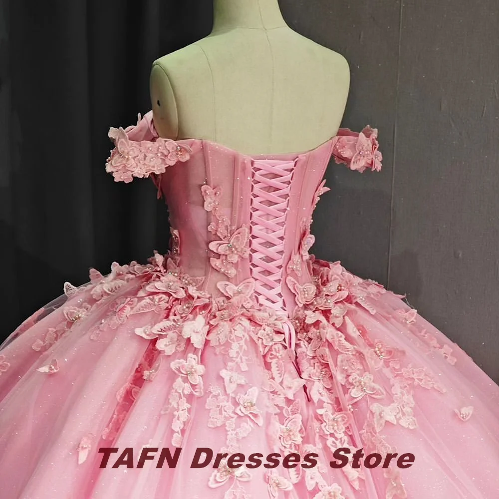 TAFN-vestido quinceanera rosa, trem da capela, fora do ombro, vestido de baile, apliques de renda, colarinho querido, apliques