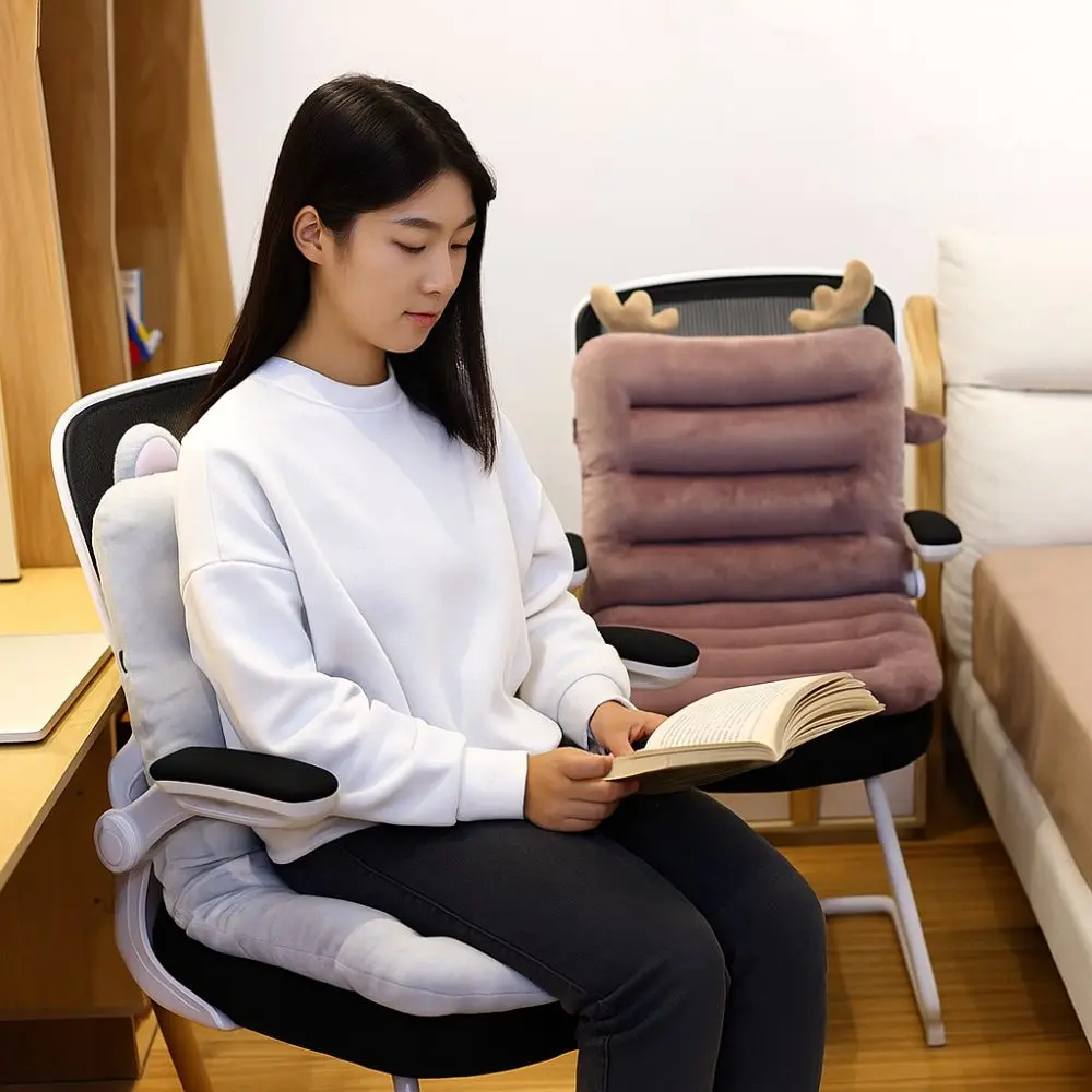 

Cute 45x85cm One-piece Cushion Soft with Straps Plush Cushion Thickened with Ear Waist Chair Cushion Household