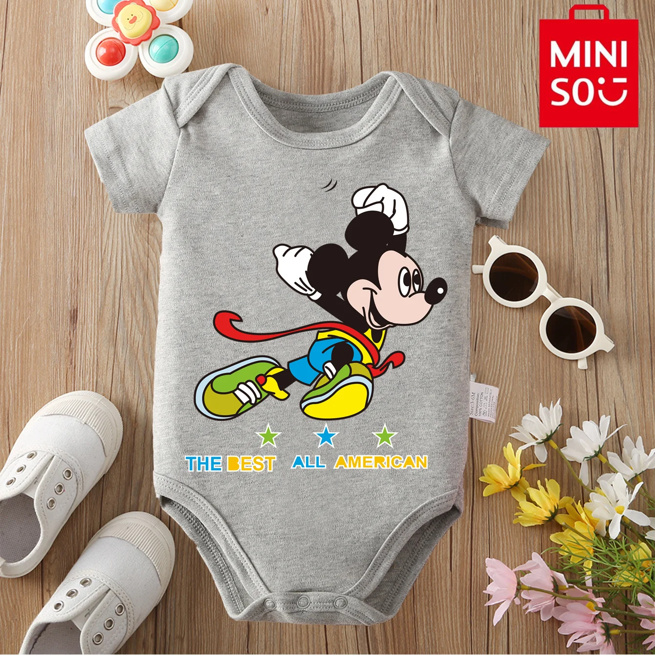 

MINISO&Disney Jointly Signed 100% Cotton Baby Clothe Onesie Bodysuit Mickey Mouse Cute Cartoon Print for 0 To 12 Months Newborn
