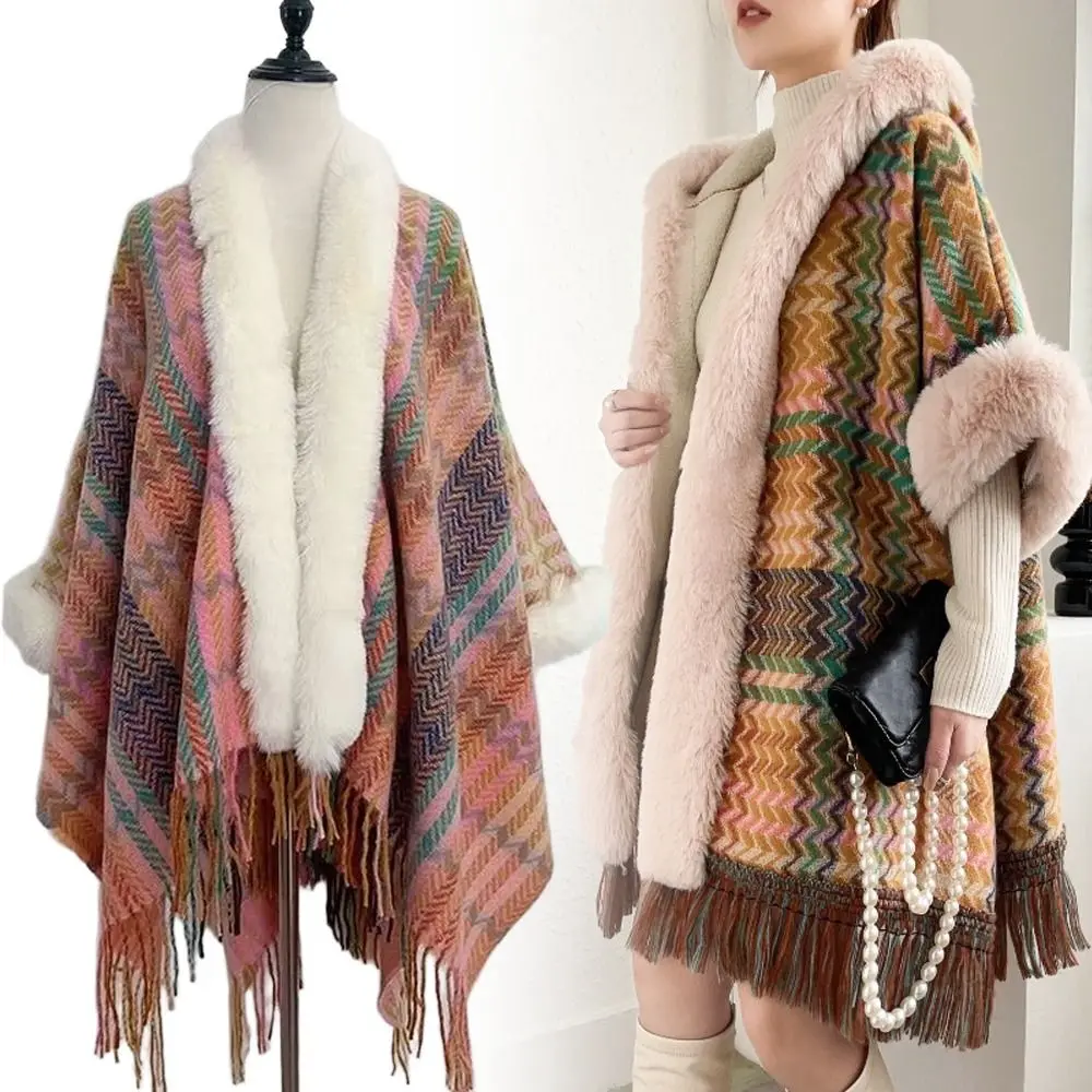 شتاء دافئ فو الفراء طوق شال مخطط الصوف الاصطناعي المعطف المنغولي نمط العرقية الحياكة يلتف لخريف شتاء #3