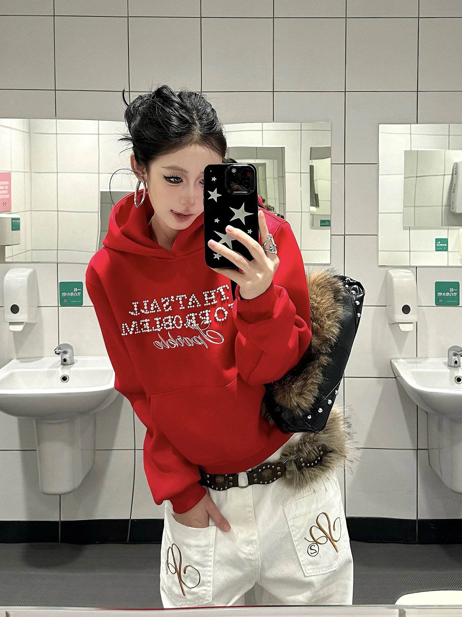 

Retro American Rivet Pearl ort Hoodie Women's Spring Loose Versatile Cleanfit Jaet Street Sle Long Sve Crew Ne