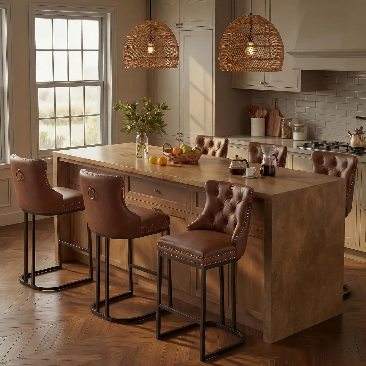 Counter Height Bar Stools Set of 6, 26 Inch Barstools with Back, Faux Leather Seat & Footrest for Kitchen Island, Customized