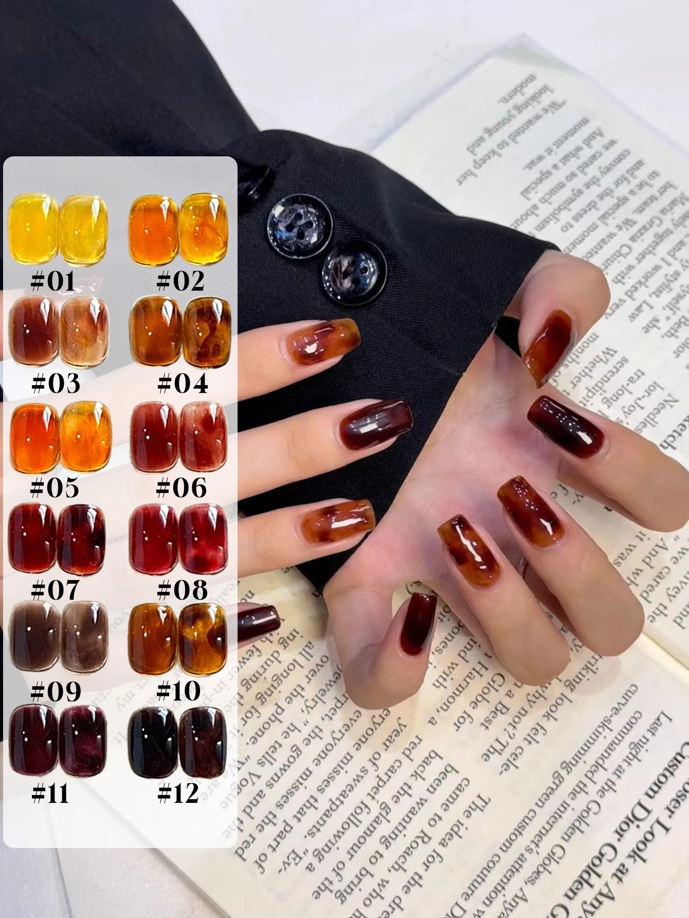 1/12 قطعة 12 مل طلاء أظافر جل بني كهرماني - لوازم فنية شبه شفافة للأظافر، طلاء جل للأظافر LED بالأشعة فوق البنفسجية