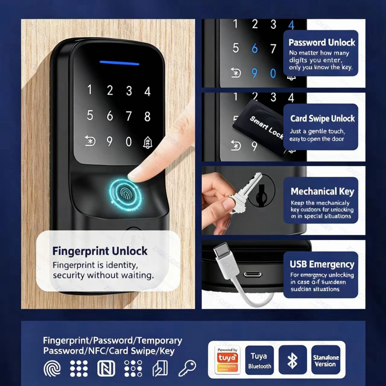 Tuya Smart Lock Fingerprint Door Lock Keyless Entry Electronic Deadbolt 6 Unlock Methods NFC IC Card Key Auto Recognize Doorbell