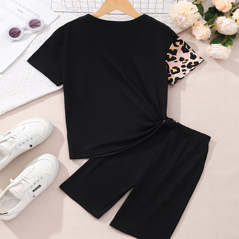 Two Piece Summer Girl Cute Breathable Leopard Print Round Neck Short Sleeved Shorts Princess Casual Birthday Party Costume Set