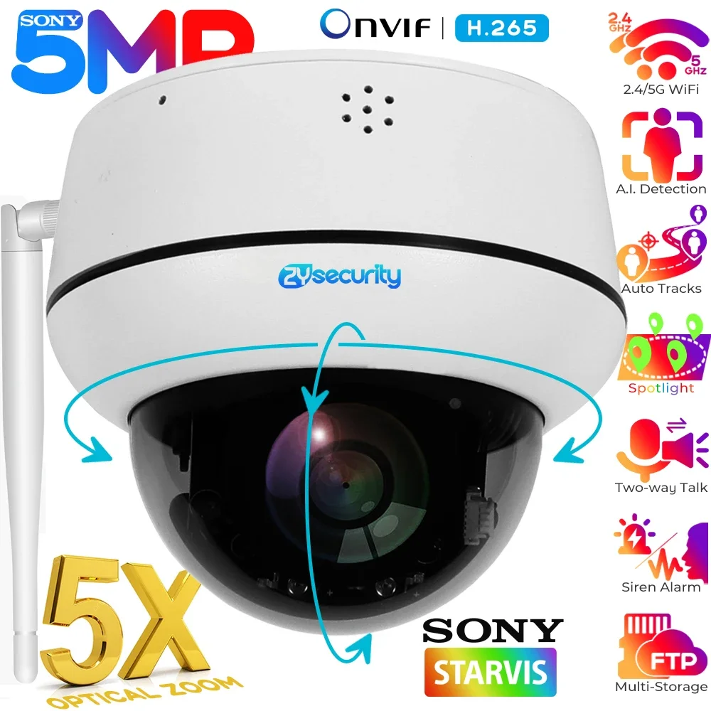 5mp 5x zoom óptico Câmera Wi -Fi da cúpula Ar livre Detecção humana Rastreamento automático Câmera IP PTZ Intercomunicador bidirecional Sony CCD IR Visão noturna Câmeras de vigilância de CCTV Camhi App