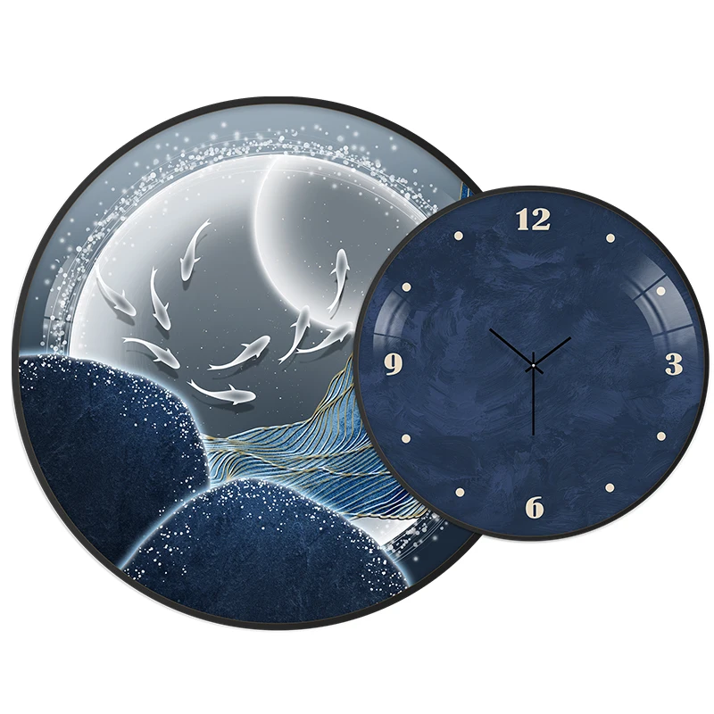 Modern Luxury Restaurant Decoration Painting Wall Clock Nine Fish Figure Clock Wall Painting Overlay Circular Wall Painting