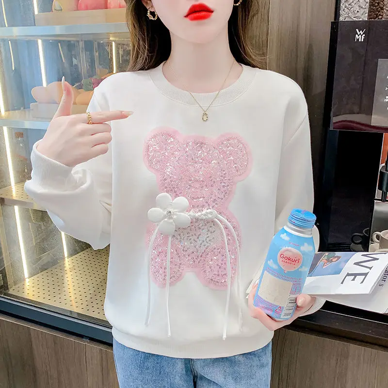 Fashion O-Neck Spliced Lace Up Sequined Cartoon Blouses Female Clothing 2024 Autumn Winter New Loose Sweet Tops Korean Shirts