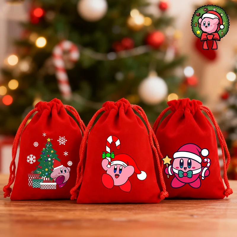

Stars Kirbys Christmas Red Drawstring Bag Christmas Tree Hanging Bags Cartoon Anime Home Decor Candy Gift Bag Pouch Xmas Gifts