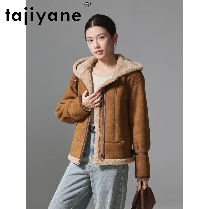 TAJIYANE Winter Women's Leather Fur Coats Hooded Short Jackets for Woman Merino Sheep Shearling Real Fur Coat Woman Шуба Camel