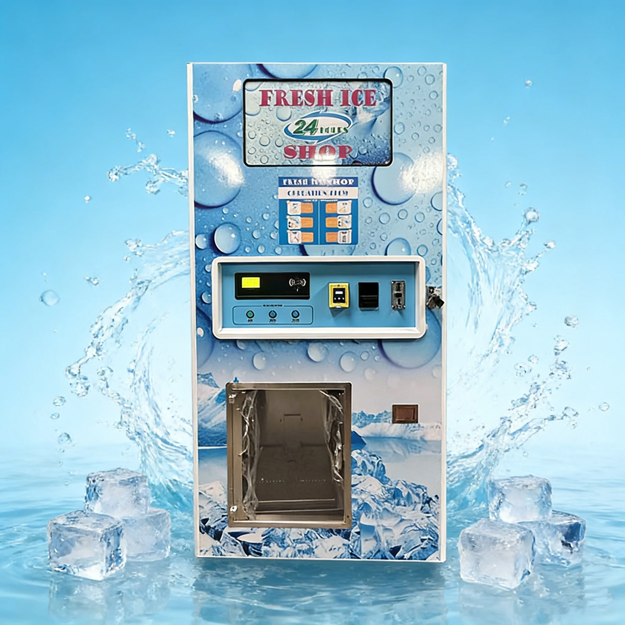 

Автомат по продаже льда на заказ с приемом монет, купюр и банковских карт, продажа пакетов льда по 2,5, 10, 5 кг