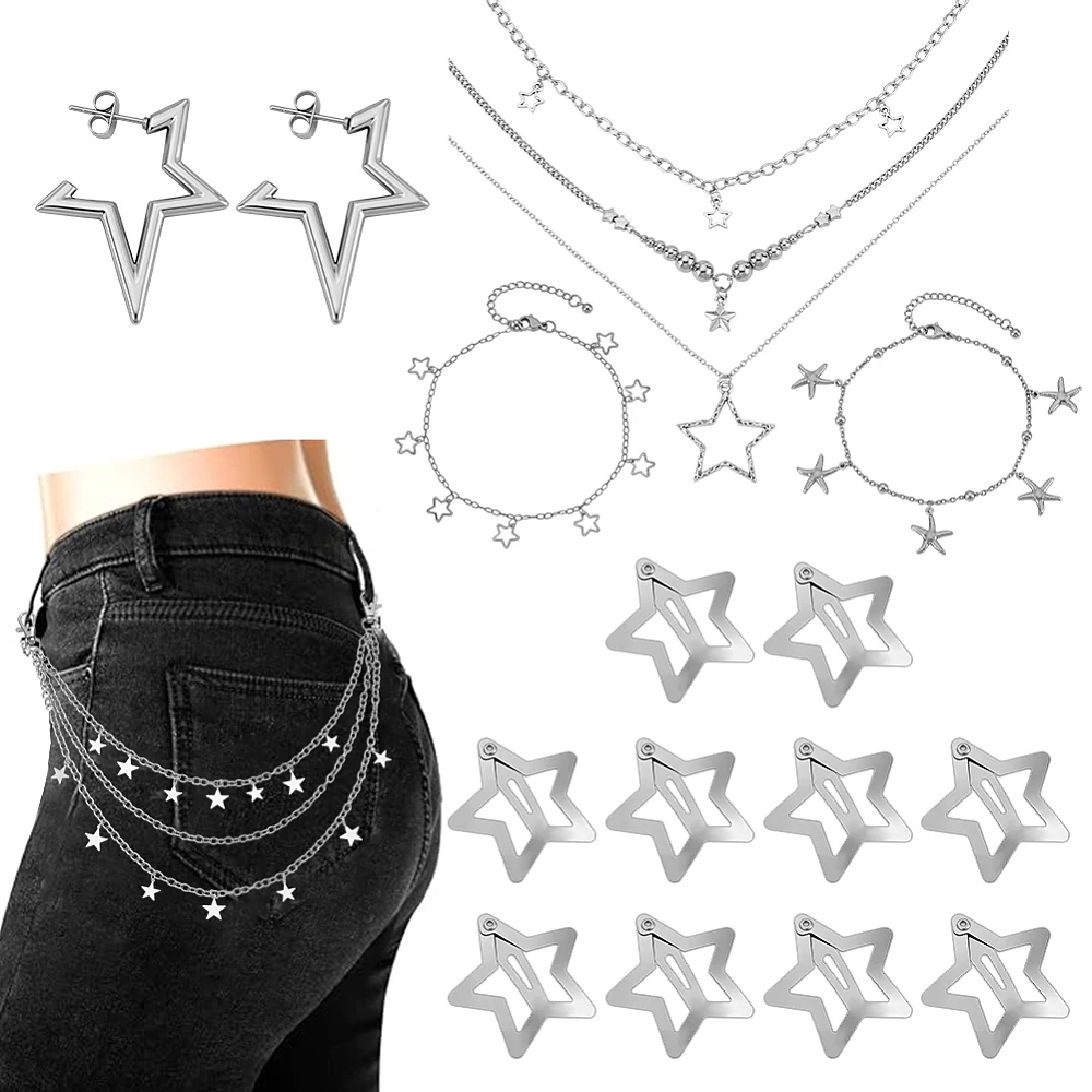 16Pcs Star Pendant Layered Necklaces Jewelry Accessories Set Included Silver Grunge Necklace Hip Hop Pants Chain Star Hair Clip