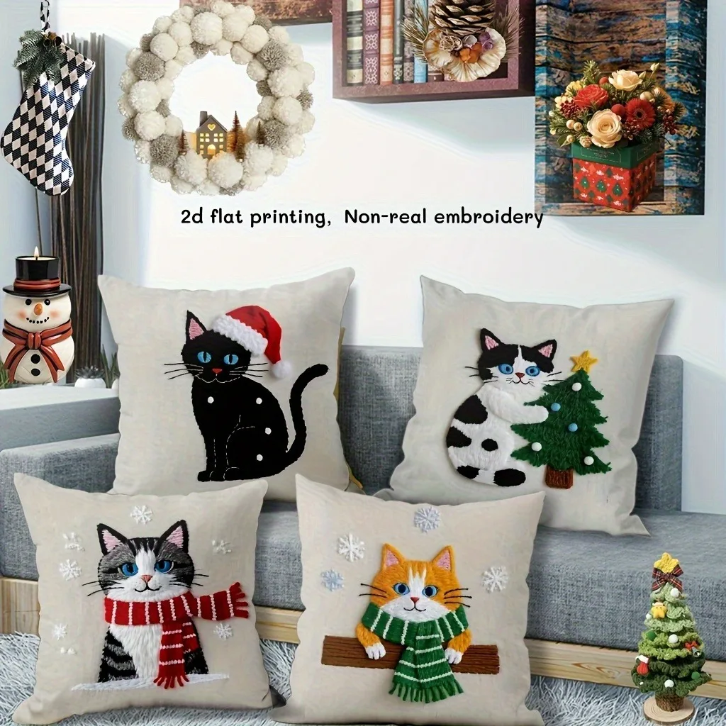 Christmas cute cat pillowcase: Meow star New Year home decoration wearing a hat, holding a tree, and scarf 2d flat printing