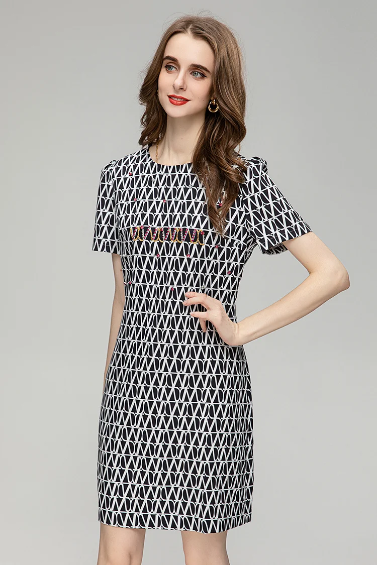 New Fashion Designer Summer Elegant Simplicity Women's O-Neck Short Sleeve Diamond Geometric Print Mini Dress