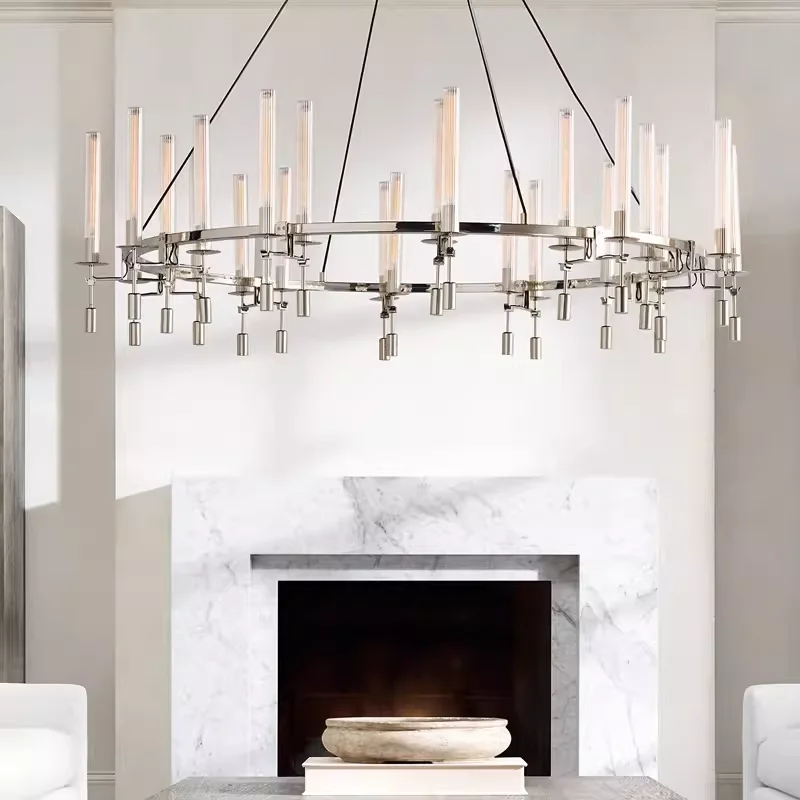 

Antique American Round Glass Chandelier with Candle Accents Big Ceiling Light for Living Room and Dining Room Home Decor