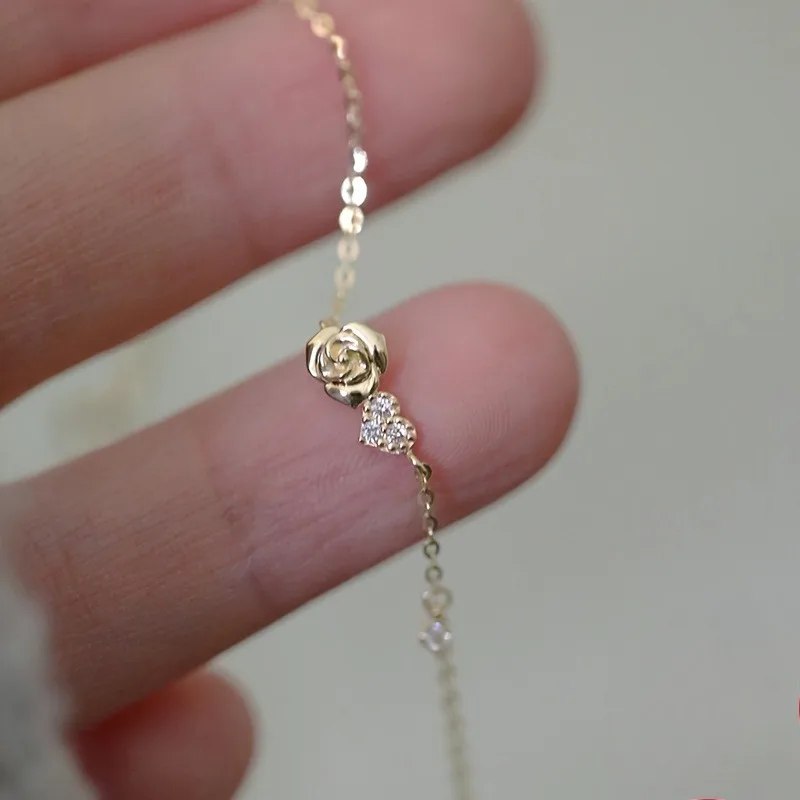 Luxury Cubic Zirconia Heart Rose Flower Charm Bracelets for Women Cute Plant Fine Jewelry Accessories Romantic Love Flash Gifts