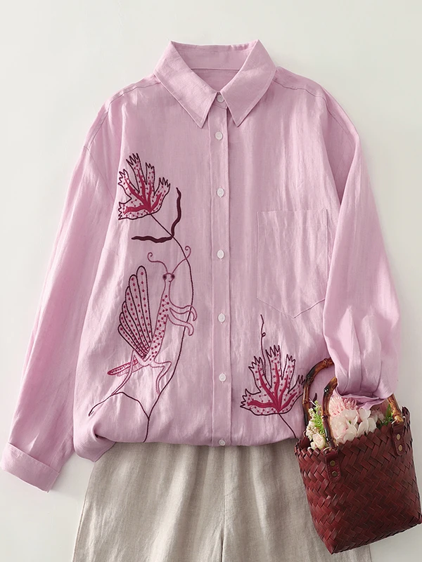 

Loose Fit Long Sve Embroidered irt for Women Casual Sle Comfortable Breathable Large Size Autumn Top Slimming Effect