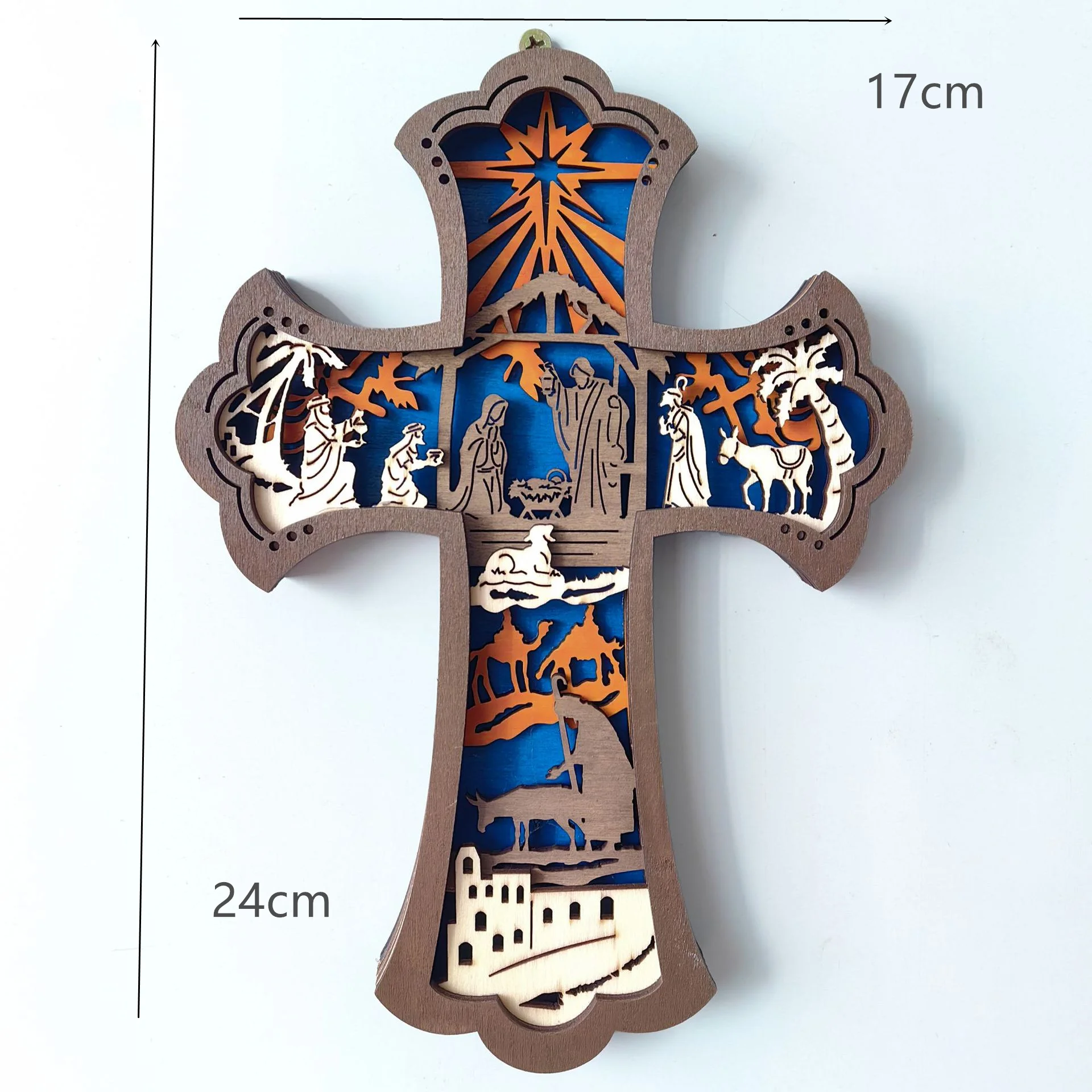 Wood Nativity Cross Wall Sign Handmade Laser Engraved Christmas Birth of Jesus Manger Scene Cross Christian Religious Wall Dec