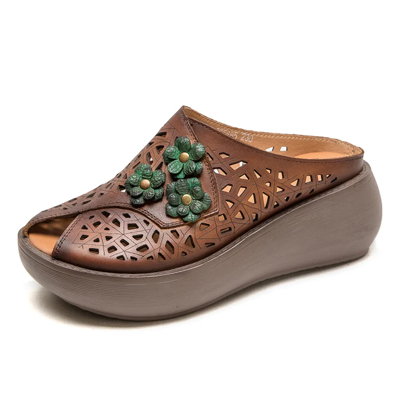 

National Style Women Wedges Heel Slippers Summer Open Toe Slip On Genuine Cow Leather Flowers Chunky Platform Slippers