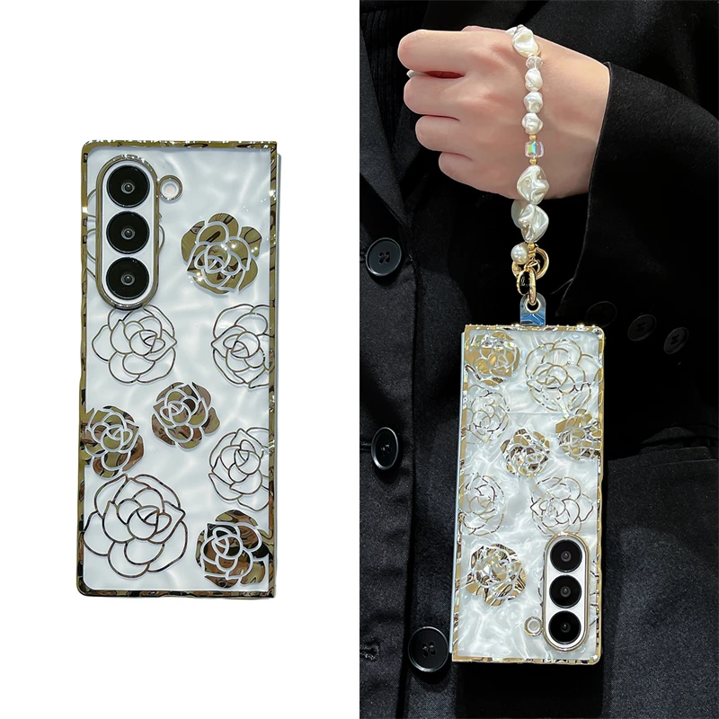 

Asdipsa Electroplated Clover Flower Phone Case for Samsung Galaxy Z Fold 6 Glossy Transparent Hard Plastic Cover Pearl Strap