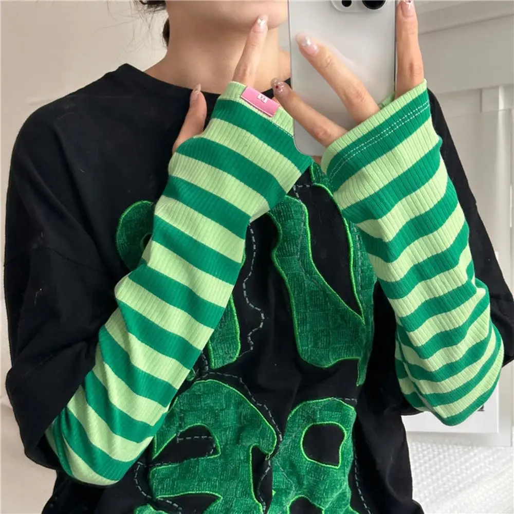 Summer Thin Loose Arm Sleeves Long Oversleeve Soft Arm Cover Sweet Stripe Decor Sunscreen Ice Silk Sleeve Y2K Fashion Gloves