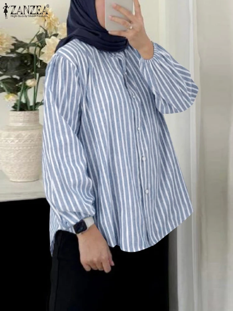 ZANZEA Women Fashion Long Sleeve Buttons Down Shirt Casual Striped Blouse Autumn Elegant Work Blusas Muslim Tops Eid Mubarek