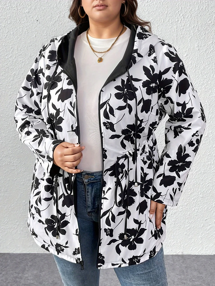 Übergrößen-Damen-Herbstjacke mit Kapuze, Wendbare bedruckte Freizeitjacke mit Taschen, Street-Style, Größen 1XL–4XL, Outfit-Ideen – Detail 9