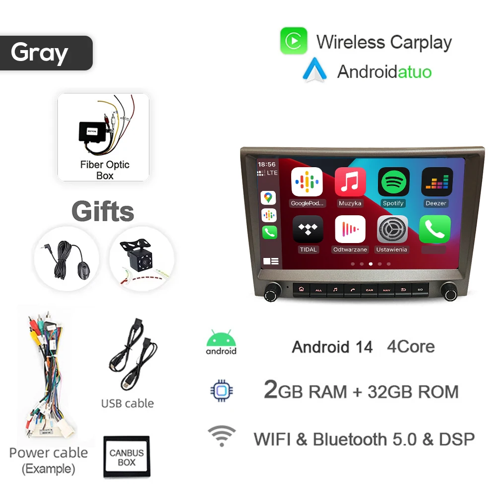 Grijs 720P Auto Android 14 Voor Porsche Cayman 911 987 Boxster 997 CarPlay Autoradio GPS Multimedia navigatie 4GB Bluetooth Wifi - afbeelding 1