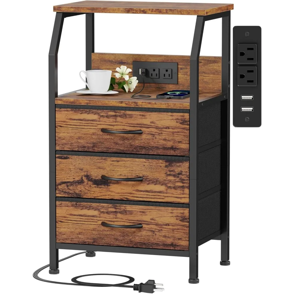 

Furnulem Nightstand with Charging Dock, USB Ports, and Outlets, 28.3 Inch High Side Table with Wooden Shelf and 3 Fabric Drawers