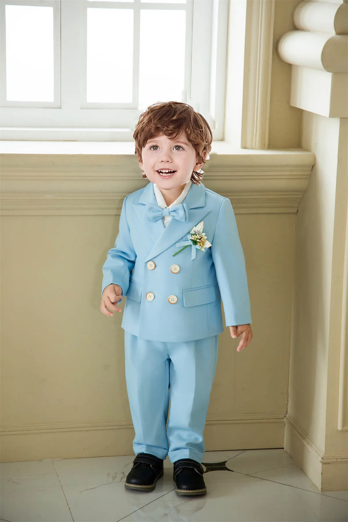 Kids Sky Blue Party Photography Suit Children Wedding Tuxedo Dress Boys Jacket Vest Pant Flower Bowtie 4PCS Ceremony Costume