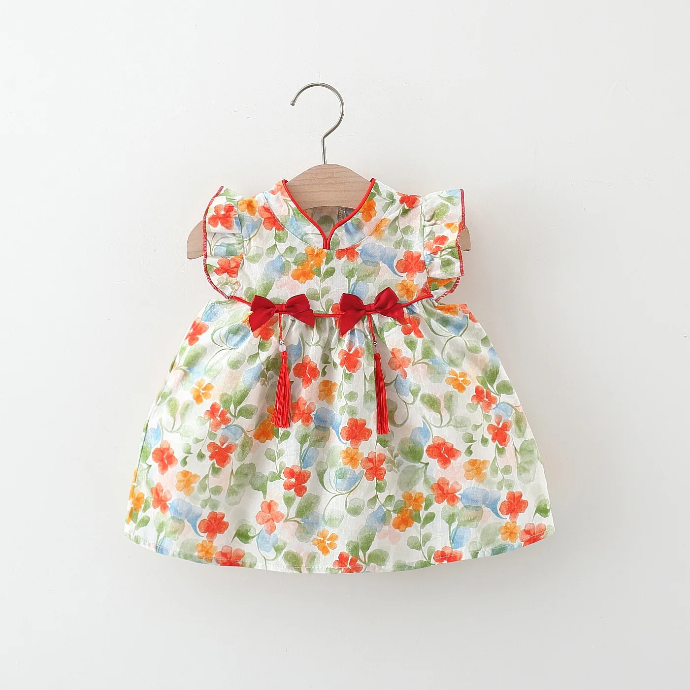 Summer Girls' Dress New Girl Baby Two Bow Knots Full of Printed Chinese Style Little Flying Sleeves Princess Dress