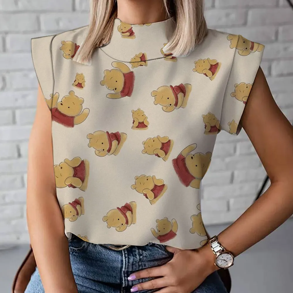 3D cartoon casual short-sleeved 2024 new short-sleeved Winnie the Pooh fashionable and comfortable women's high-neck T-shirt