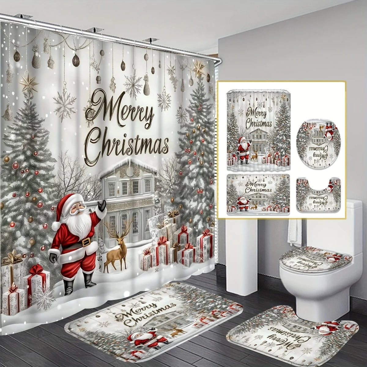 4Pcs Merry Xmas Winter Bath Set, Snowman Deer Cabin Scene, Shower Curtain, 12 Hooks, Non-Slip Mat, U-Shaped Toilet Cover