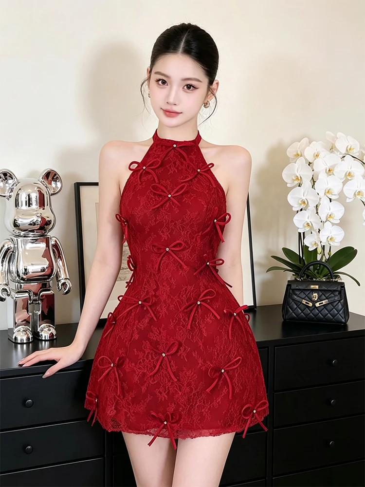 

Elegant Lace Embroidery Knot Hanging Neck Dress Women's Small Size Slimming Beautiful Evening Gown Skirt