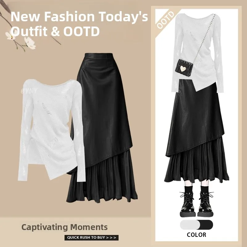 

Весенний комплект 2026: Свободный вязаный топ с эффектом похудения и юбка с высокой талией, модный повседневный костюм из полиэстера на пуговицах