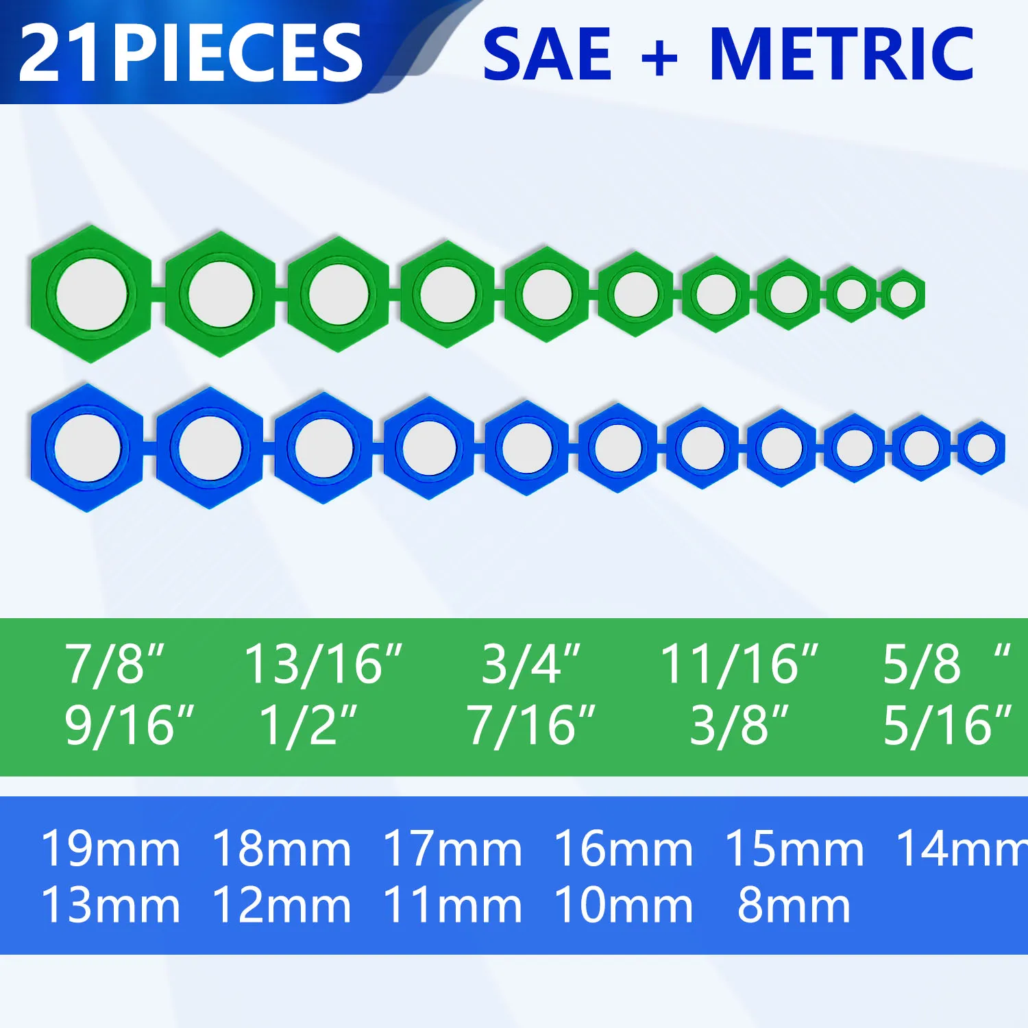 21pcs Magnetic Socket Insertion Tool Kit SAE and Metric, 5/16-7/8 Inch, 8mm-19mm, Different Colors Hexagon Profile Tool Set